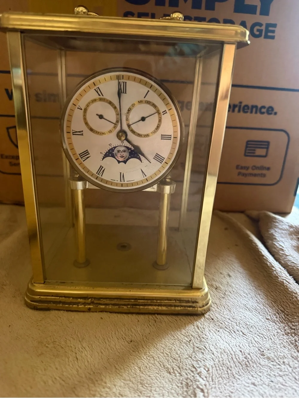 Brass Mantel Clock with Moon Phase Dial - Gold Finish